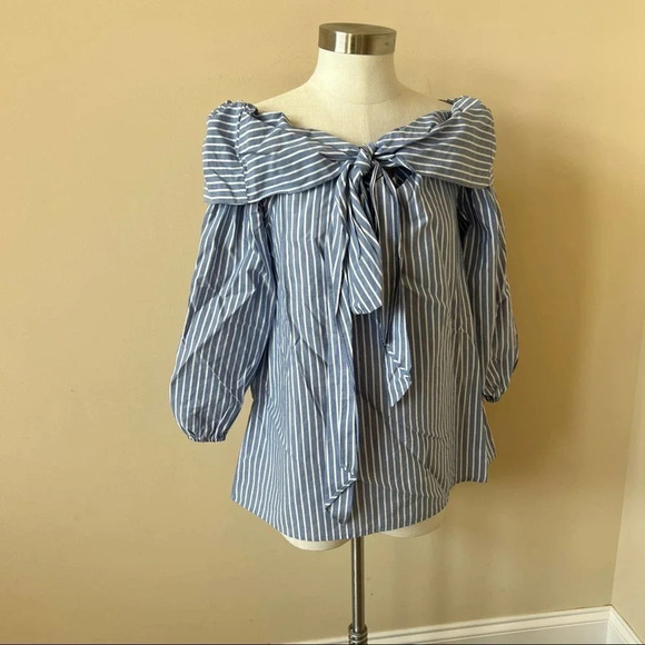 Pleione Off Shoulder Bow Top In Blue White Stripe Size S 14485 - Picture 6 of 11